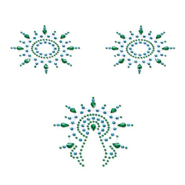 Пестіс з кристалів Petits Joujoux Gloria set of 3 - Green/Blue, прикраса на груди та вульву SO3132 фото