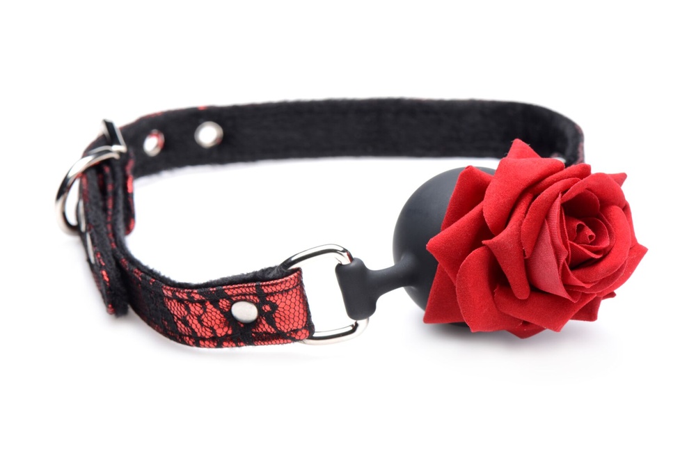 Кляп з трояндою Master Series: Eye-Catching Ball Gag With Rose, чорно-червоний SO8794 фото
