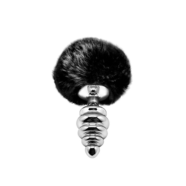Металева анальна пробка Кролячий хвостик Alive Fluffy Twist Plug M Black, діаметр 3,4 см SO6309 фото
