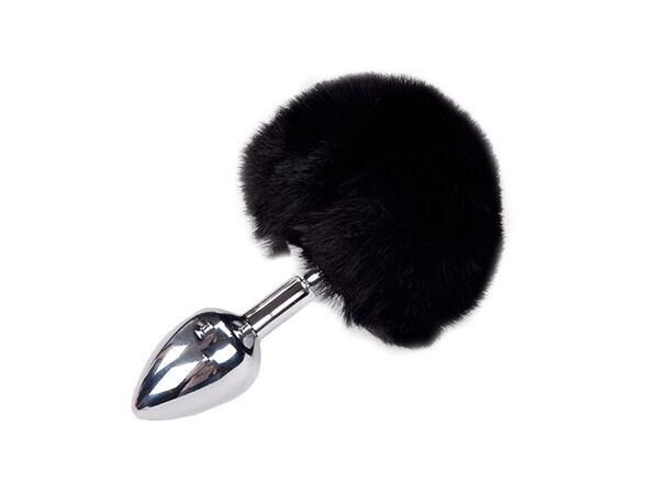 Металева анальна пробка Кролячий хвостик Alive Fluffy Plug S Black, діаметр 2,8 см SO6312 фото