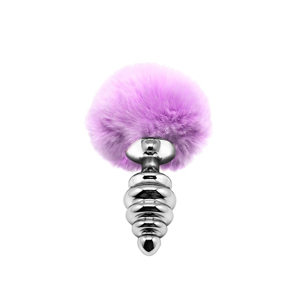 Металева анальна пробка Кролячий хвостик Alive Fluffy Twist Plug M Purple, діаметр 3,4 см SO6308 фото