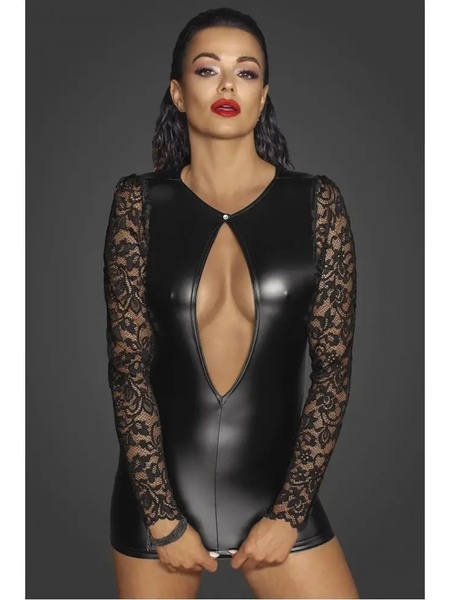 Платье виниловое с кружевными длинными рукавами и вырезом на груди Noir Handmade F253 черное,  размер S NR09103 фото