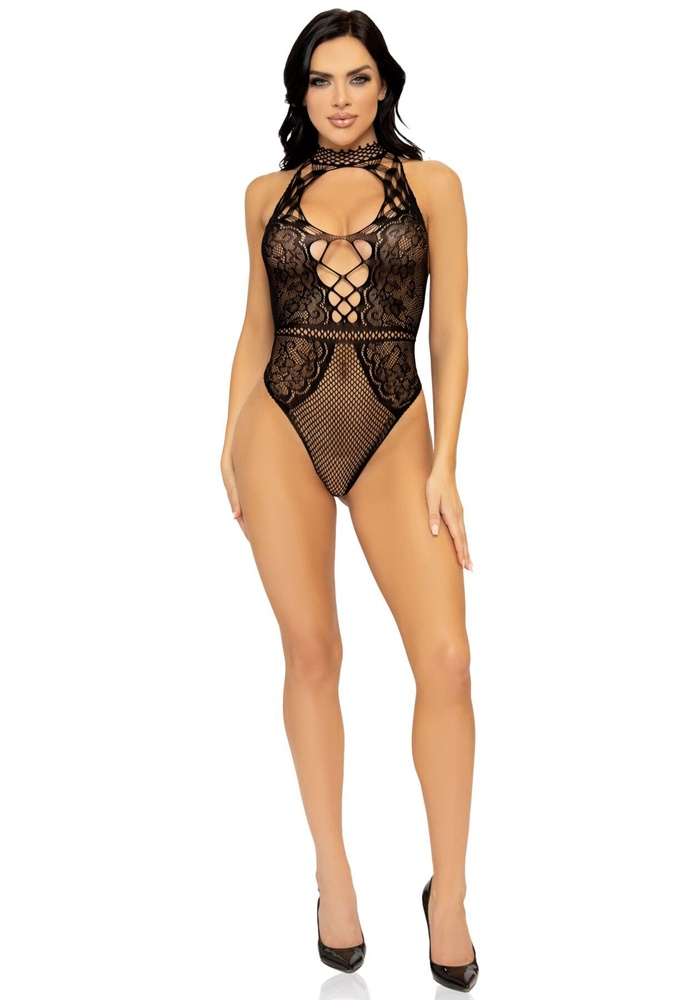 Leg Avenue Net and lace halter bodysuit OS Black SO7898 фото