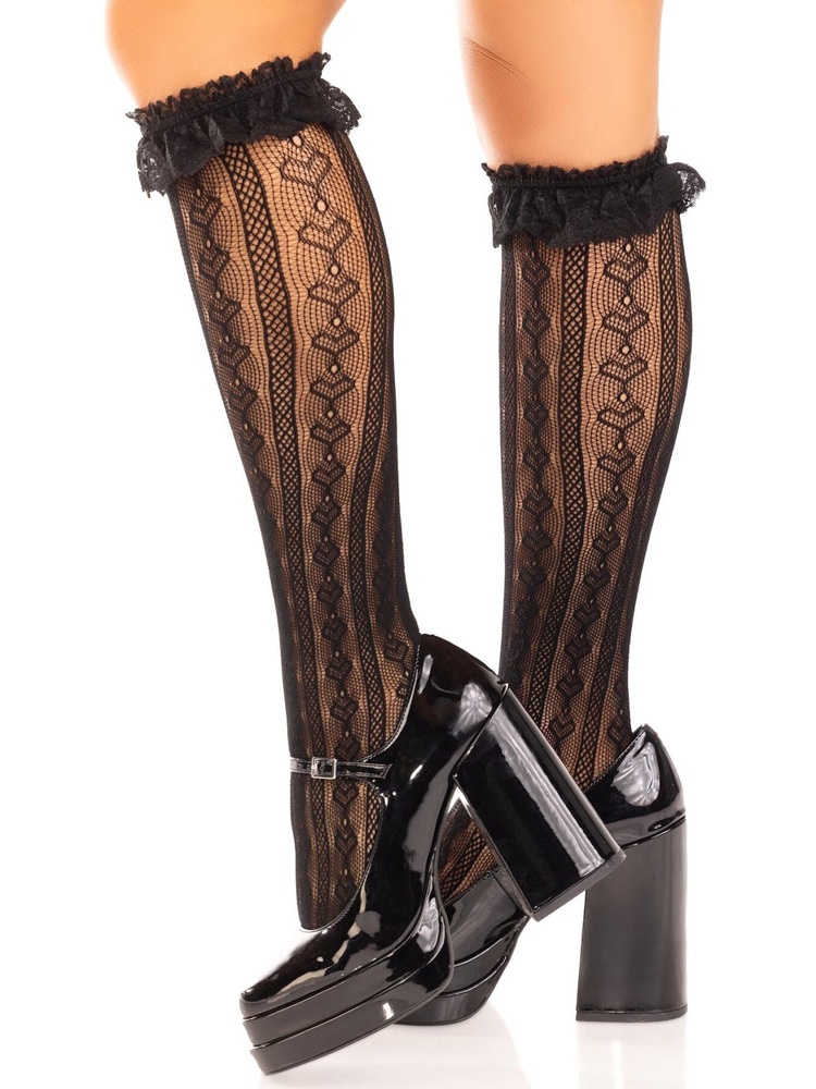 Шкарпетки ажурні з рюшами Leg Avenue Sweetheart Ruffle Cuff Knee Highs Black, високі SX1048 фото