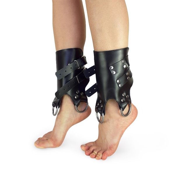 Поножі манжети для подвіса за ноги Leg Cuffs, натуральна шкіра, колір чорний SO5182 фото